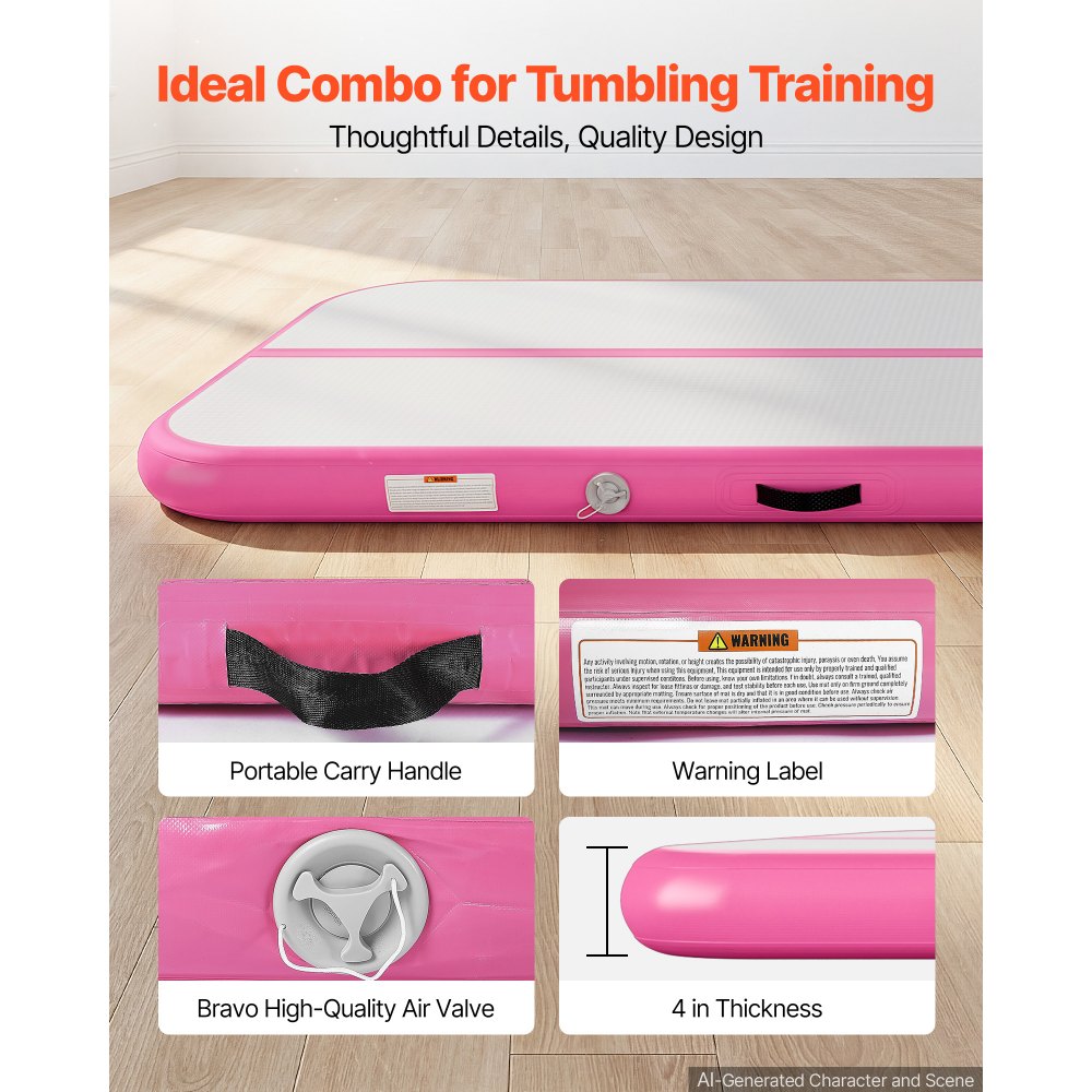 VEVOR Inflatable Gymnastics Air Mat 10 ft Training Mats w/ Electric Pump, 4 inches Thick Sturdy Tumble Track, Tumbling Mat for Home Use/Gym/Outdoor/Yoga/Cheerleading/Beach/Park/Water, Pink