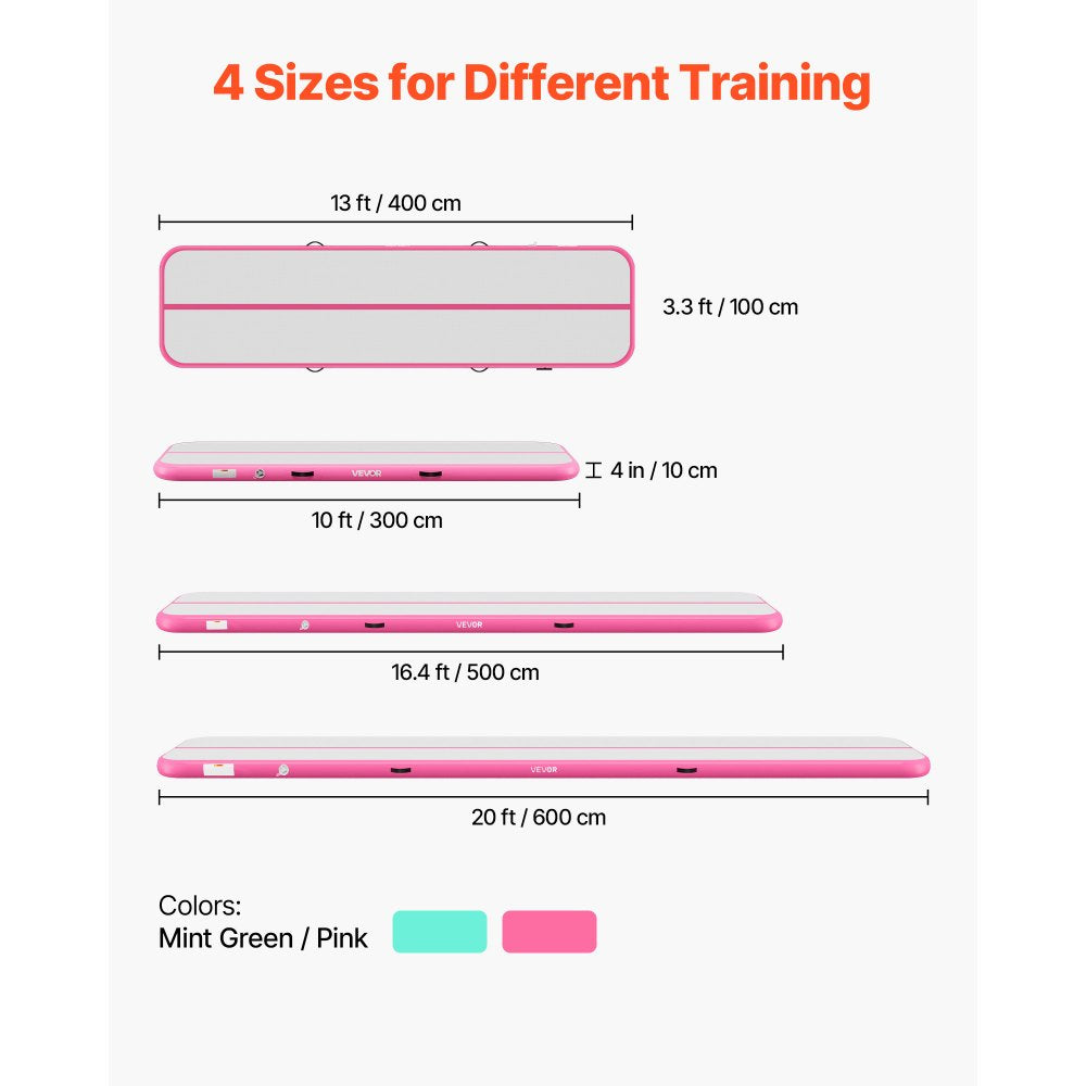 VEVOR Inflatable Gymnastics Air Mat 13 ft Training Mats w/ Electric Pump, 4 inches Thick Sturdy Tumble Track, Tumbling Mat for Home Use/Gym/Outdoor/Yoga/Cheerleading/Beach/Park/Water, Pink