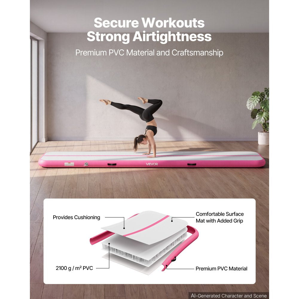VEVOR Inflatable Gymnastics Air Mat 13 ft Training Mats w/ Electric Pump, 4 inches Thick Sturdy Tumble Track, Tumbling Mat for Home Use/Gym/Outdoor/Yoga/Cheerleading/Beach/Park/Water, Pink