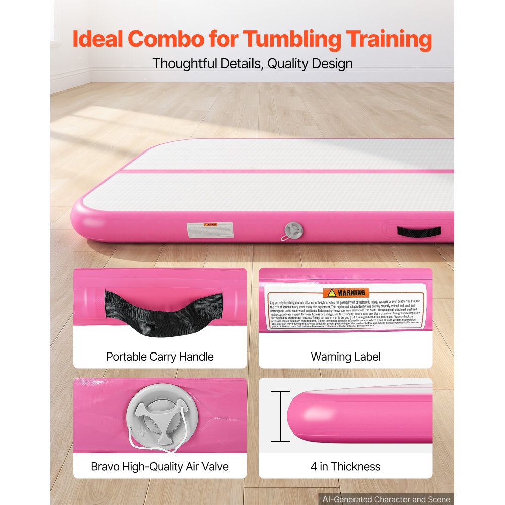VEVOR Inflatable Gymnastics Air Mat 13 ft Training Mats w/ Electric Pump, 4 inches Thick Sturdy Tumble Track, Tumbling Mat for Home Use/Gym/Outdoor/Yoga/Cheerleading/Beach/Park/Water, Pink