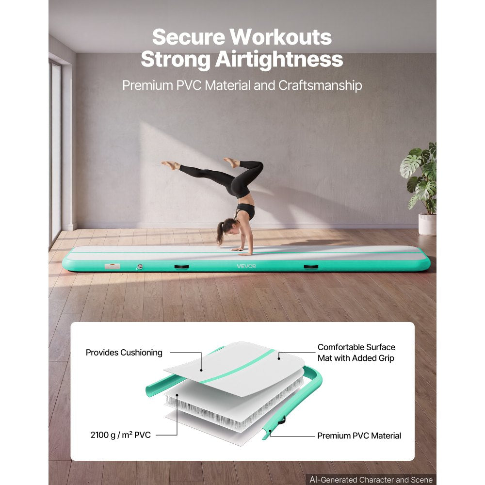 VEVOR Inflatable Gymnastics Air Mat 13 ft Training Mats w/ Electric Pump, 4 inches Thick Sturdy Tumble Track, Tumbling Mat for Home Use/Gym/Outdoor/Yoga/Cheerleading/Beach/Park/Water, Mint Green