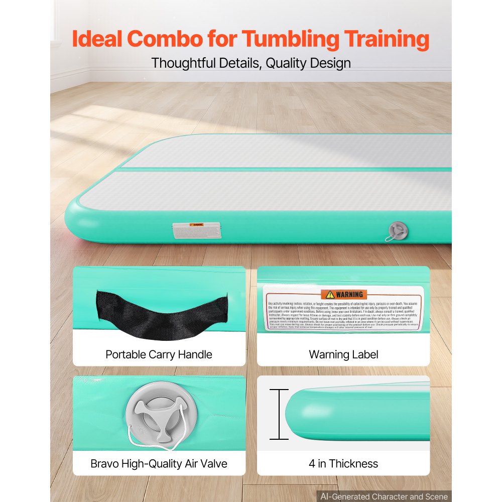 VEVOR Inflatable Gymnastics Air Mat 16.4 ft Training Mats w/ Electric Pump, 4 inches Thick Sturdy Tumble Track, Tumbling Mat for Home Use/Gym/Outdoor/Yoga/Cheerleading/Beach/Park/Water, Mint Green