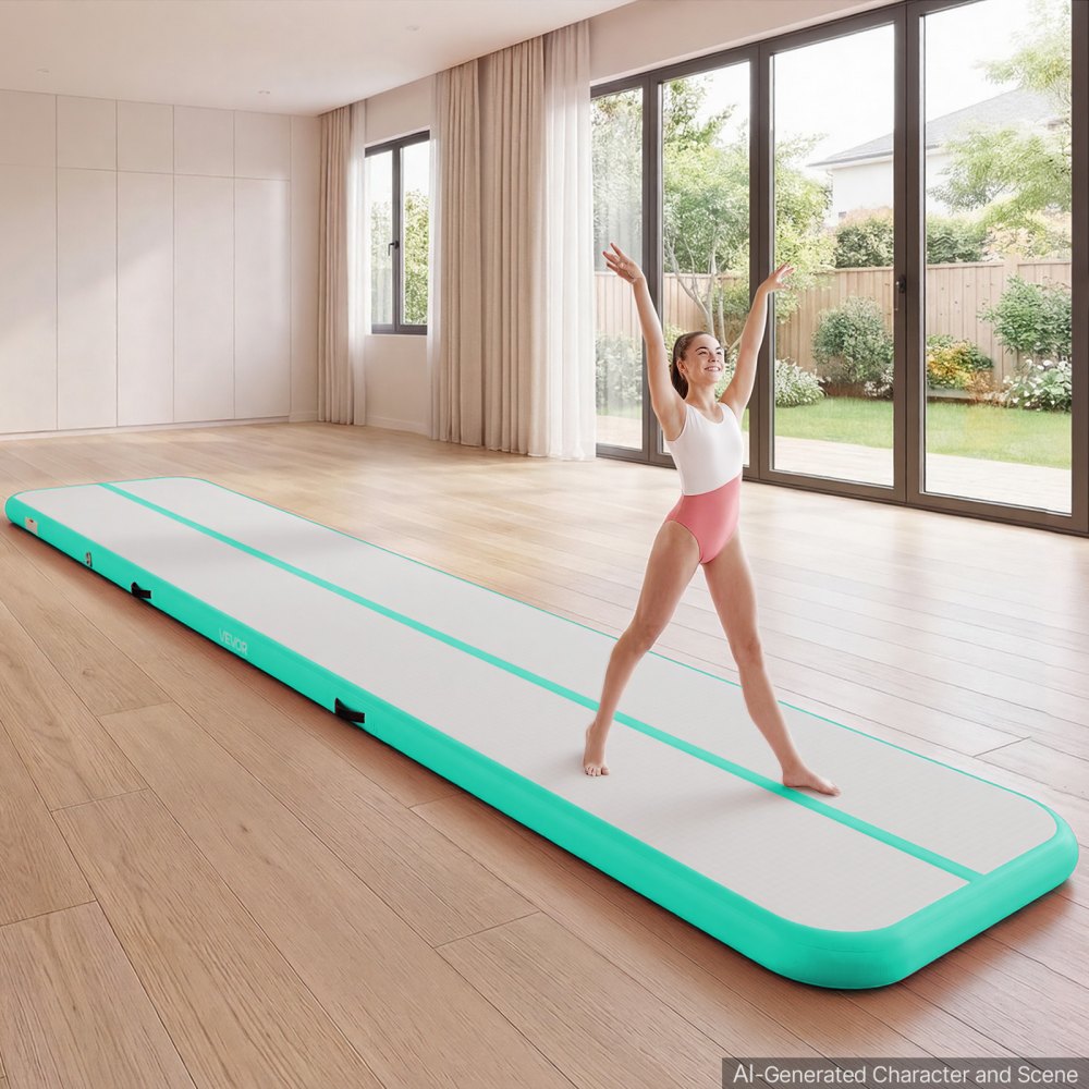 VEVOR Inflatable Gymnastics Air Mat 16.4 ft Training Mats w/ Electric Pump, 4 inches Thick Sturdy Tumble Track, Tumbling Mat for Home Use/Gym/Outdoor/Yoga/Cheerleading/Beach/Park/Water, Mint Green