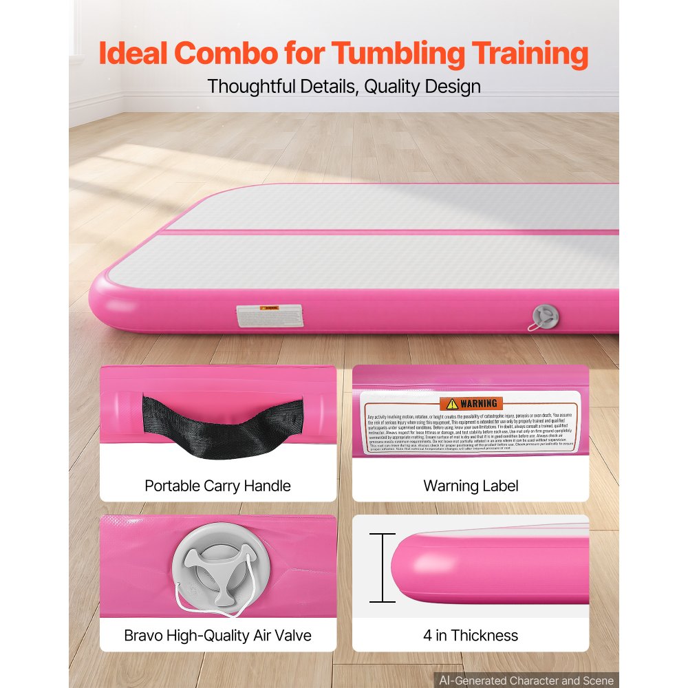 VEVOR Inflatable Gymnastics Air Mat 16.4 ft Training Mats w/ Electric Pump, 4 inches Thick Sturdy Tumble Track, Tumbling Mat for Home Use/Gym/Outdoor/Yoga/Cheerleading/Beach/Park/Water, Pink