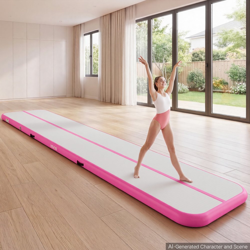 VEVOR Inflatable Gymnastics Air Mat 16.4 ft Training Mats w/ Electric Pump, 4 inches Thick Sturdy Tumble Track, Tumbling Mat for Home Use/Gym/Outdoor/Yoga/Cheerleading/Beach/Park/Water, Pink