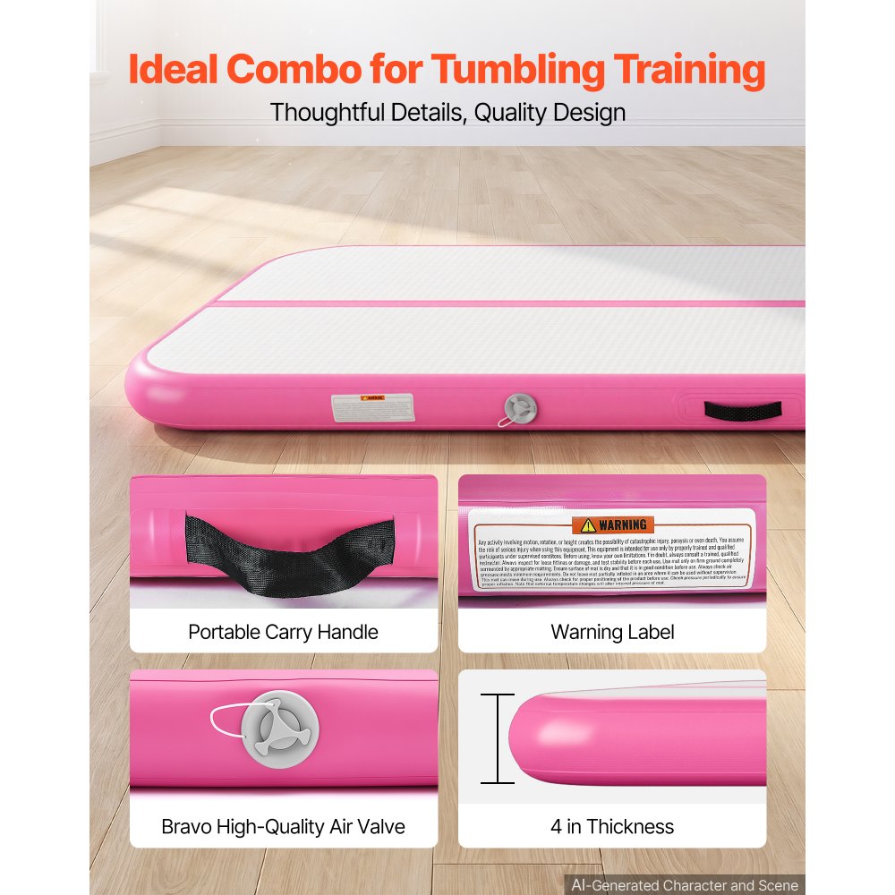 VEVOR Inflatable Gymnastics Air Mat 20 ft Training Mats w/ Electric Pump, 4 inches Thick Sturdy Tumble Track, Tumbling Mat for Home Use/Gym/Outdoor/Yoga/Cheerleading/Beach/Park/Water, Pink