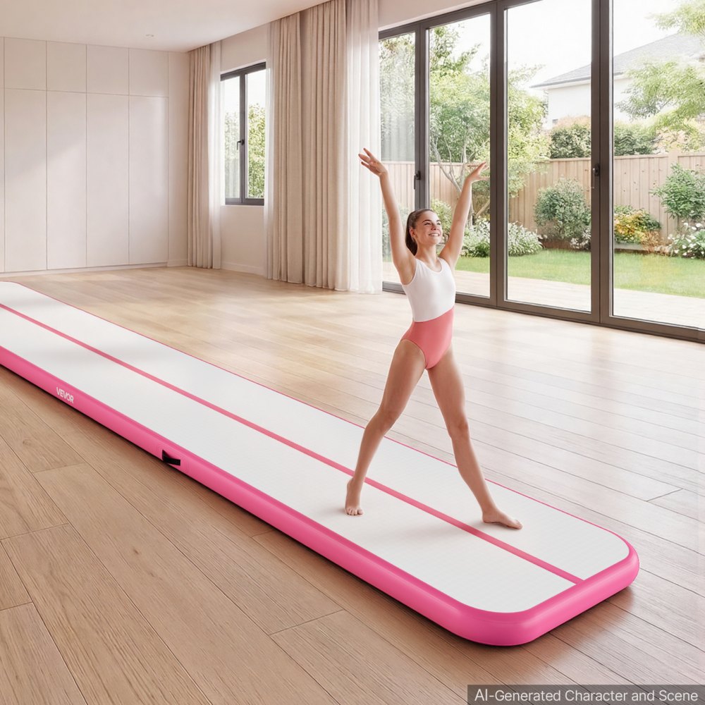VEVOR Inflatable Gymnastics Air Mat 20 ft Training Mats w/ Electric Pump, 4 inches Thick Sturdy Tumble Track, Tumbling Mat for Home Use/Gym/Outdoor/Yoga/Cheerleading/Beach/Park/Water, Pink