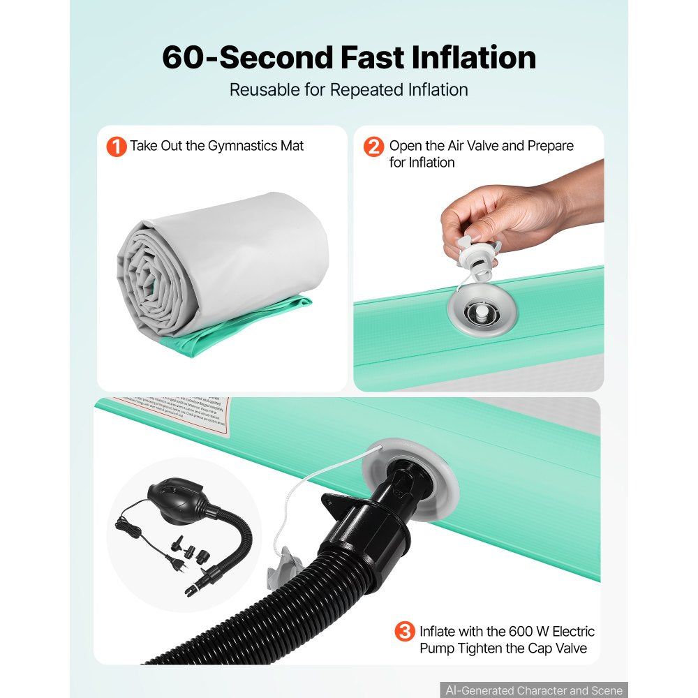 VEVOR Inflatable Gymnastics Air Mat 20 ft Training Mats w/ Electric Pump, 8 inches Thick Sturdy Tumble Track, Tumbling Mat for Home Use/Gym/Outdoor/Yoga/Cheerleading/Beach/Park/Water, Mint Green