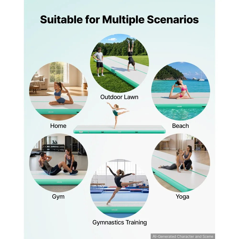 VEVOR Inflatable Gymnastics Air Mat 20 ft Training Mats w/ Electric Pump, 8 inches Thick Sturdy Tumble Track, Tumbling Mat for Home Use/Gym/Outdoor/Yoga/Cheerleading/Beach/Park/Water, Mint Green