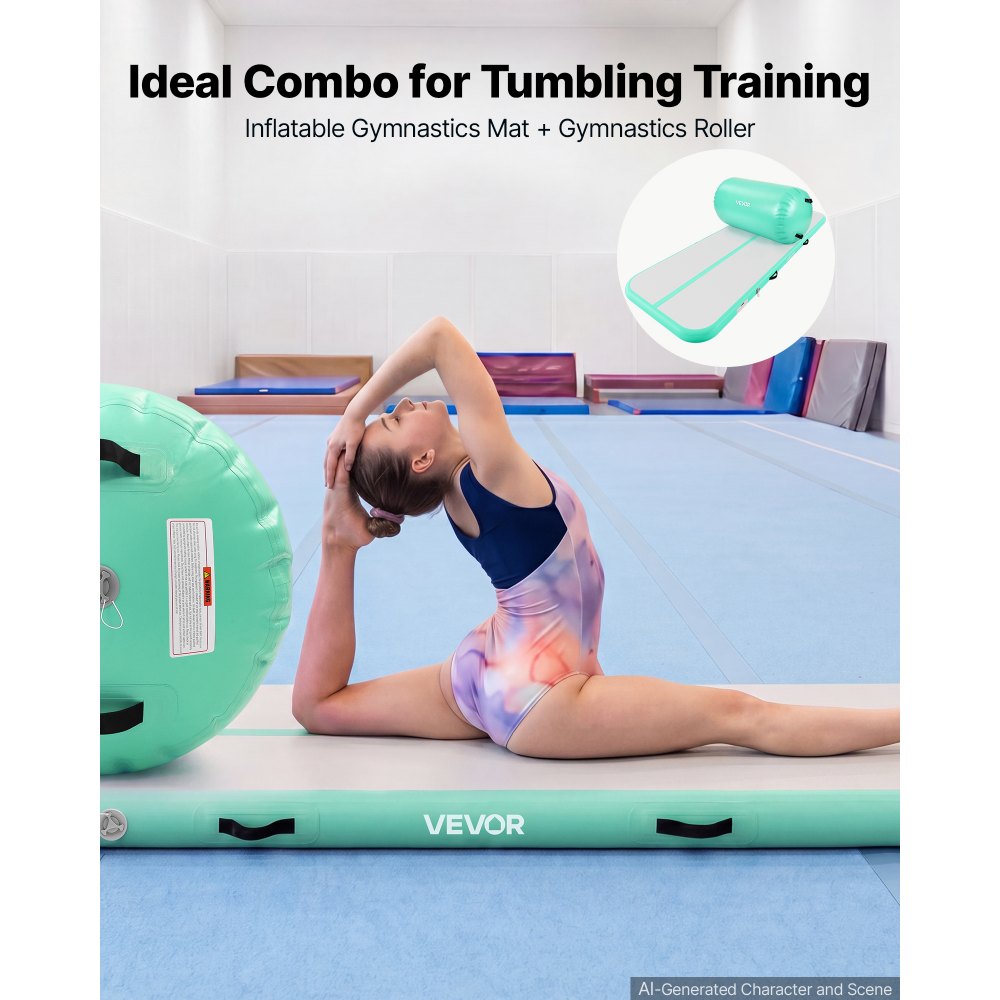 VEVOR Inflatable Gymnastics Air Mat with Air Barrel 10 ft Training Mats, 4 inches Thick Sturdy Tumble Track with Electric Pump, Tumbling Mat for Home Use/Gym/Outdoor/Yoga/Cheerleading, Mint Green