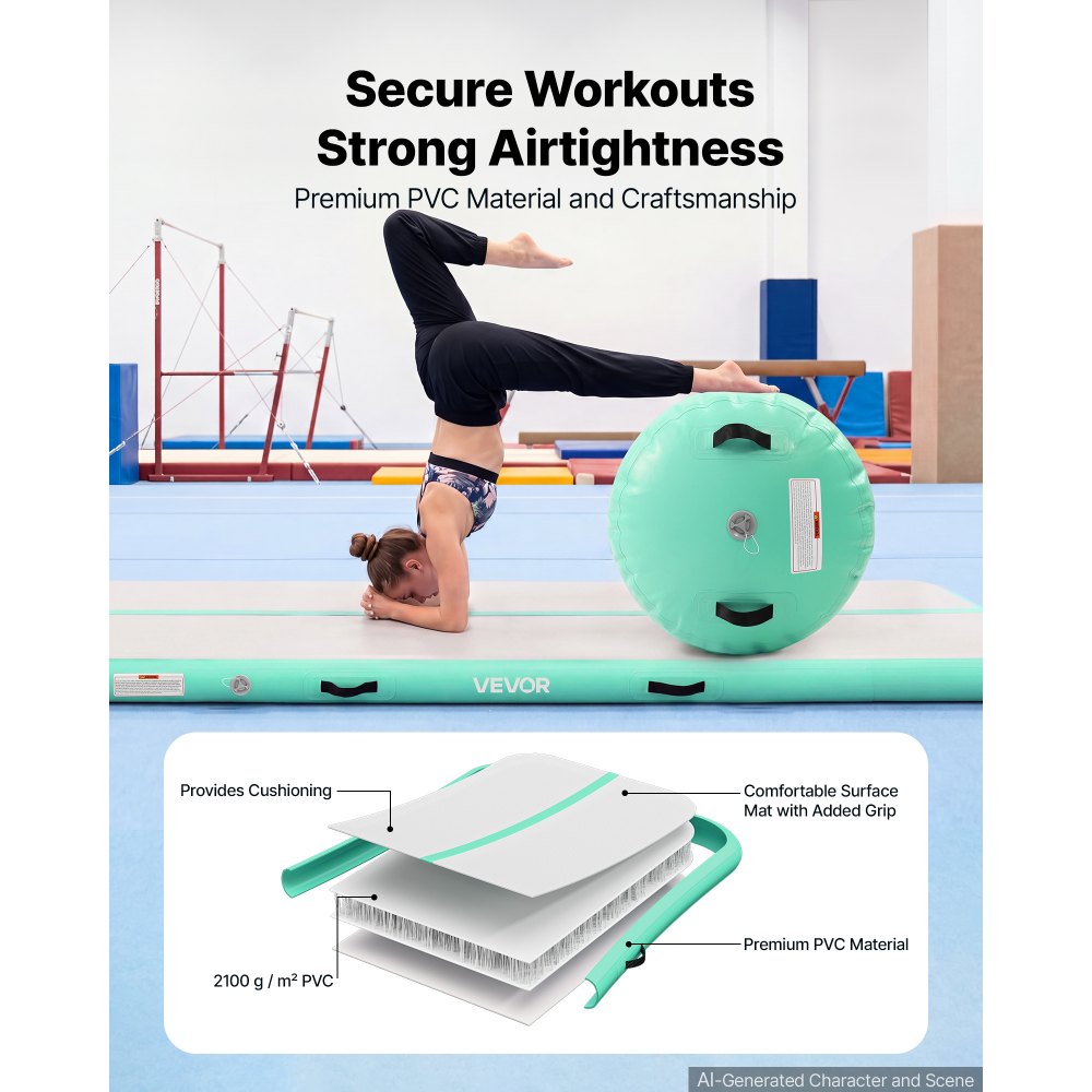 VEVOR Inflatable Gymnastics Air Mat with Air Barrel 10 ft Training Mats, 4 inches Thick Sturdy Tumble Track with Electric Pump, Tumbling Mat for Home Use/Gym/Outdoor/Yoga/Cheerleading, Mint Green