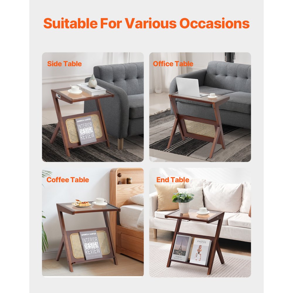 VEVOR Rattan Coffee Table, Z-Shaped Rattan Woven Bamboo Coffee Table with Tempered Glass Top, 20” Modern Boho Storage Coffee Table with Natural Bamboo Legs, for Living Room, Bedroom & Small Spaces