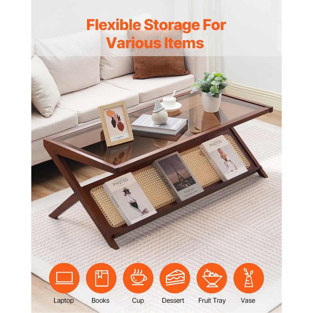 VEVOR Rattan Coffee Table, Z-Shaped Rattan Woven Bamboo Coffee Table with Tempered Glass Top, 47” Modern Boho Storage Coffee Table with Natural Bamboo Legs, for Living Room, Bedroom & Small Spaces