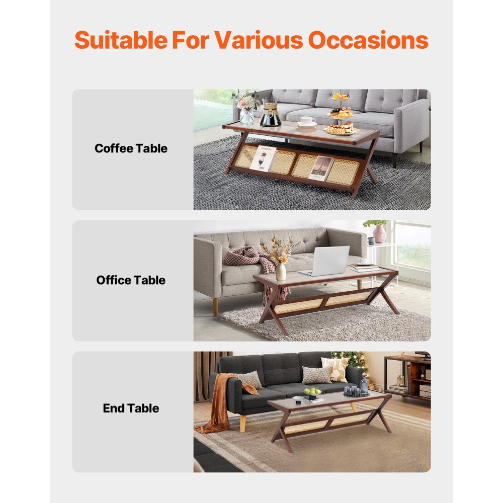 VEVOR Rattan Coffee Table, Z-Shaped Rattan Woven Bamboo Coffee Table with Tempered Glass Top, 47” Modern Boho Storage Coffee Table with Natural Bamboo Legs, for Living Room, Bedroom & Small Spaces