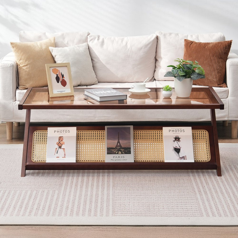 VEVOR Rattan Coffee Table, Z-Shaped Rattan Woven Bamboo Coffee Table with Tempered Glass Top, 47” Modern Boho Storage Coffee Table with Natural Bamboo Legs, for Living Room, Bedroom & Small Spaces