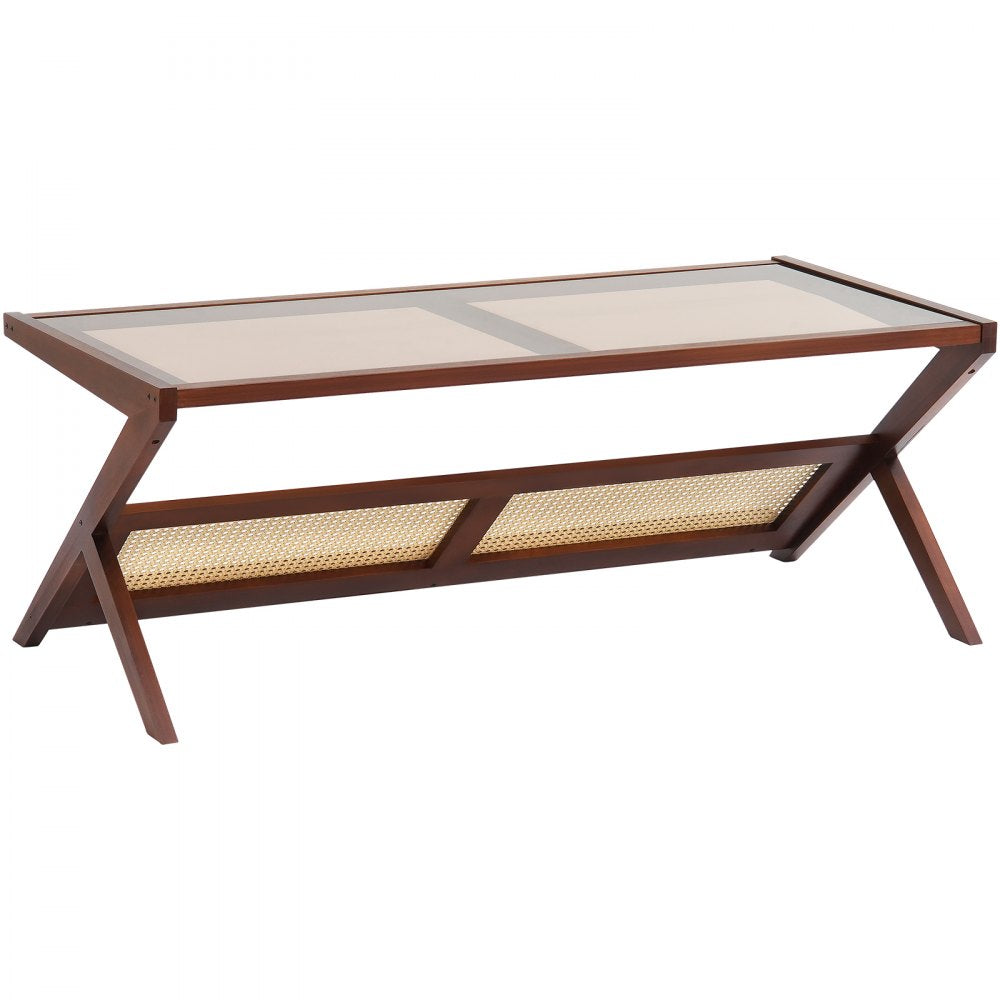 VEVOR Rattan Coffee Table, Z-Shaped Rattan Woven Bamboo Coffee Table with Tempered Glass Top, 47” Modern Boho Storage Coffee Table with Natural Bamboo Legs, for Living Room, Bedroom & Small Spaces