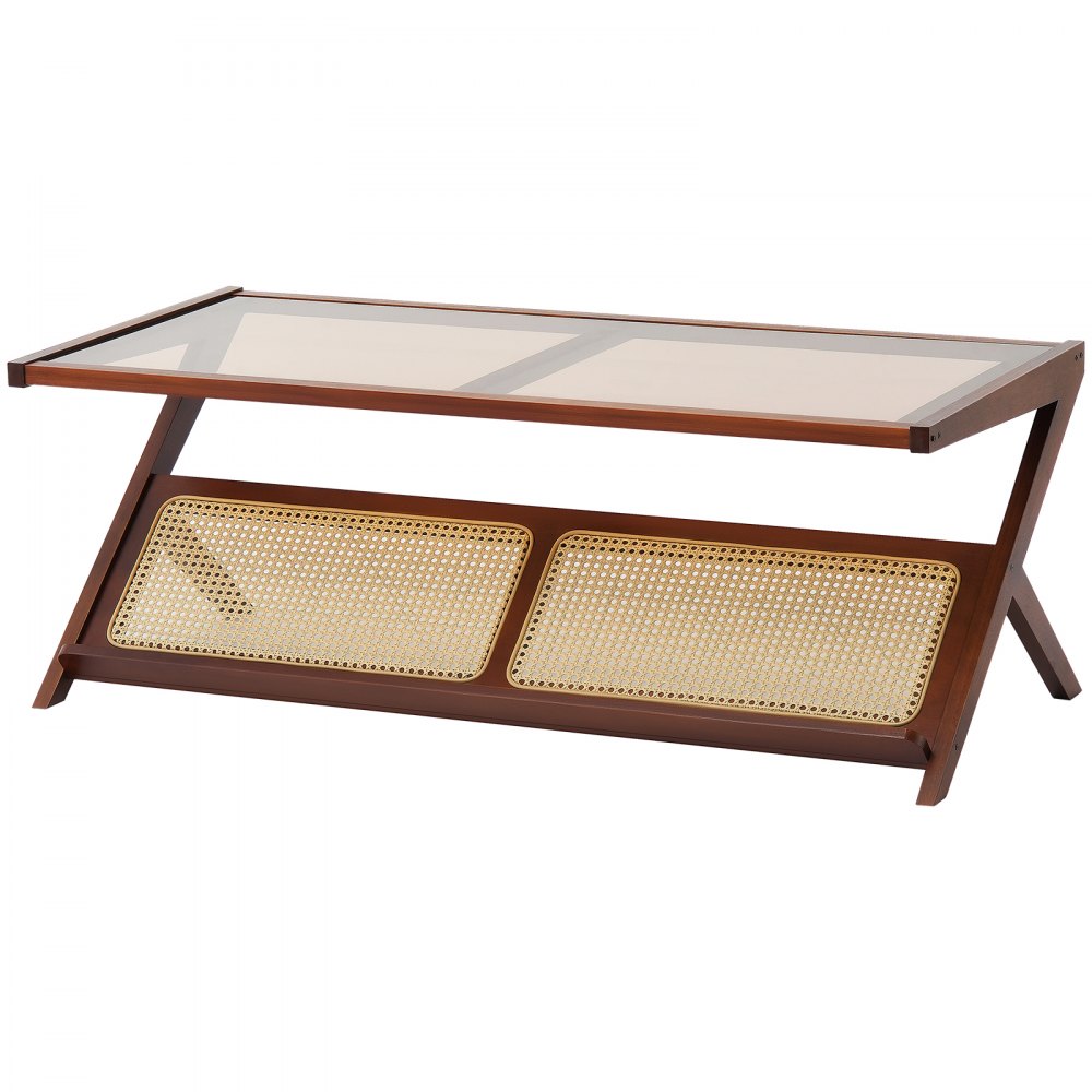 VEVOR Rattan Coffee Table, Z-Shaped Rattan Woven Bamboo Coffee Table with Tempered Glass Top, 47” Modern Boho Storage Coffee Table with Natural Bamboo Legs, for Living Room, Bedroom & Small Spaces