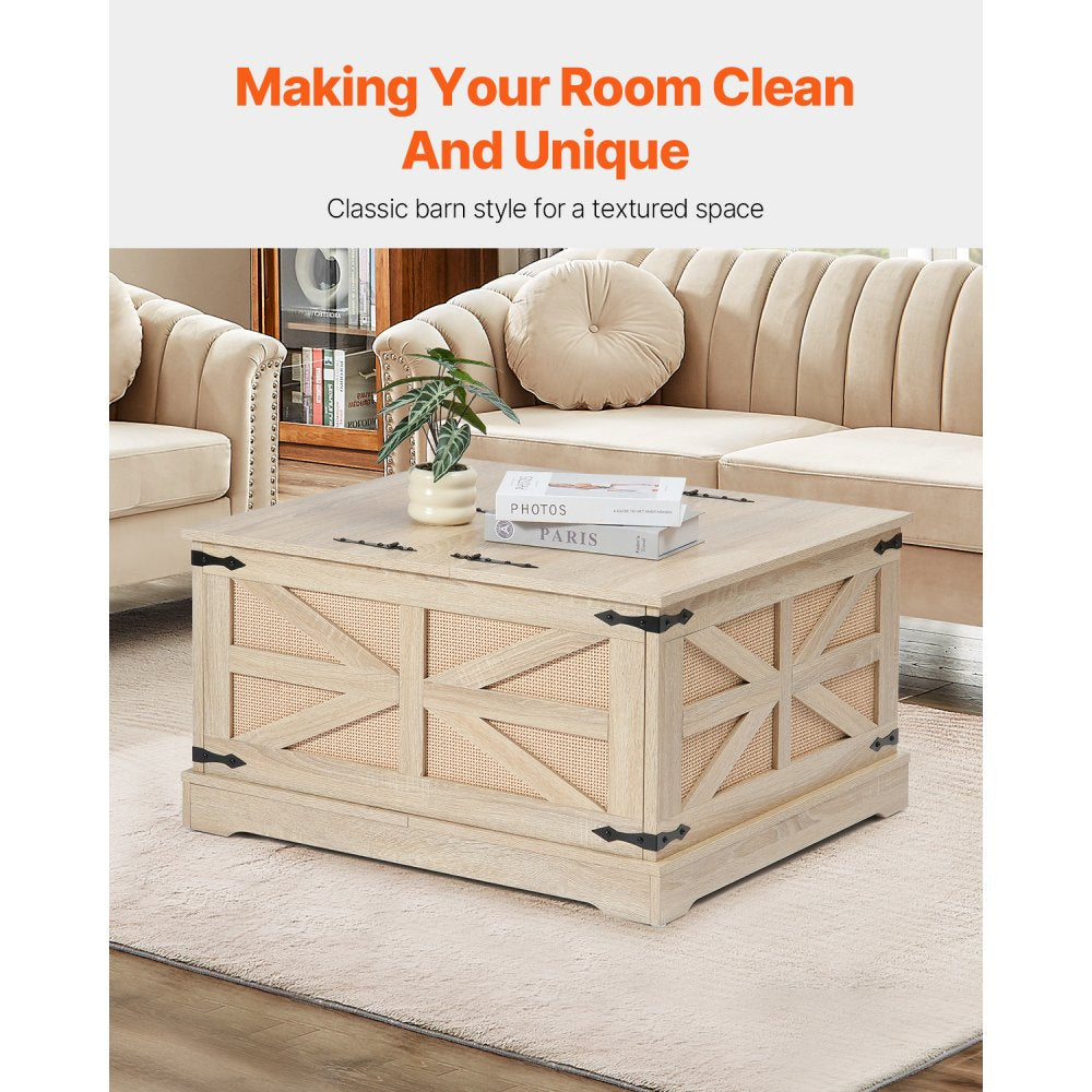 VEVOR Rattan Coffee Table, Rectangle PE Rattan Woven Wood Coffee Table with MDF Top, 32-Inch Modern Boho Style Storage Coffee Table with Retro Metal Hinges, for Living Room, Bedroom & Small Spaces