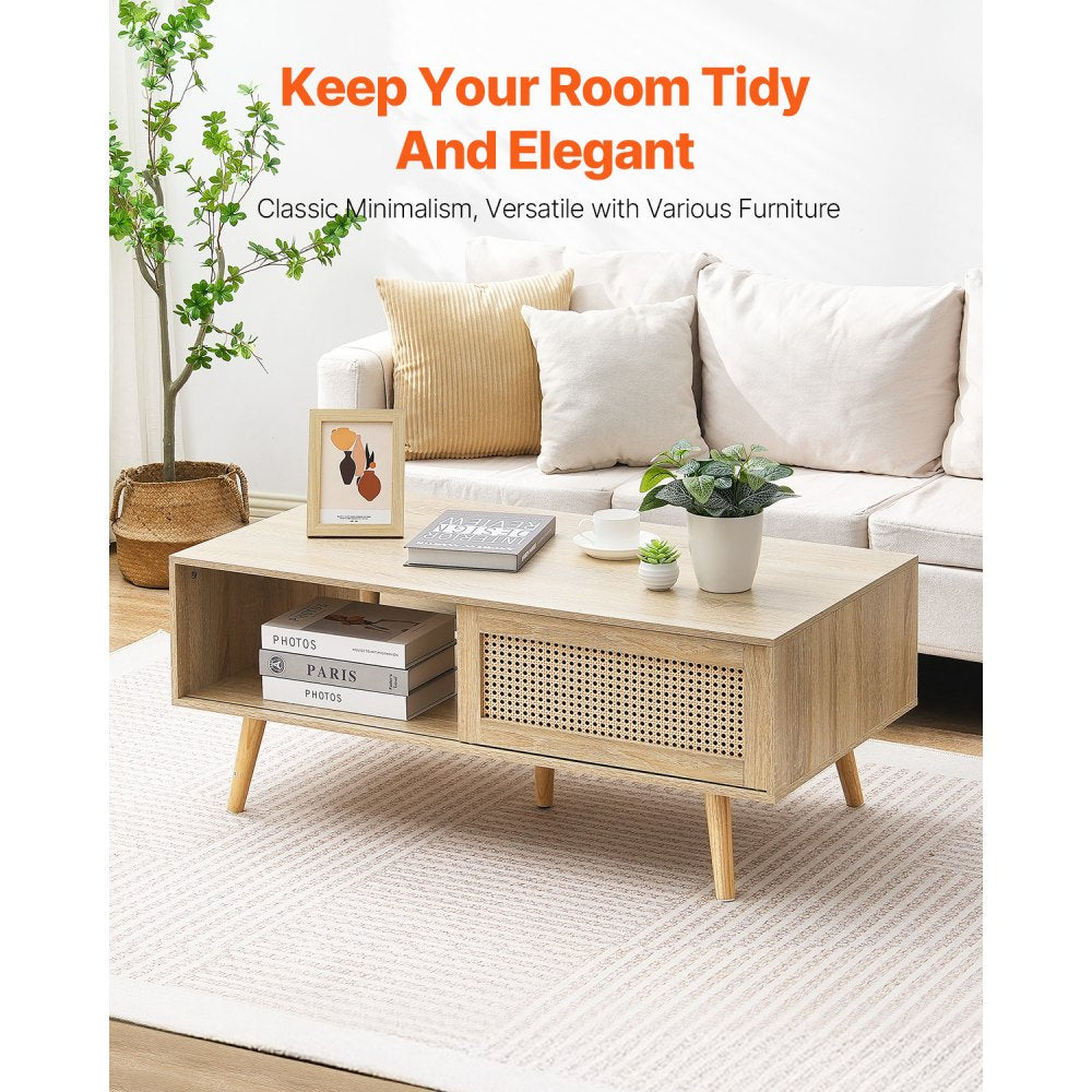 VEVOR Rattan Coffee Table, Mid Century Modern Coffee Table, Rectangle Wood Coffee Table, 42 Inch Modern Boho Style Two Layers Storage Coffee Table, for Living Room, Bedroom & Small Spaces