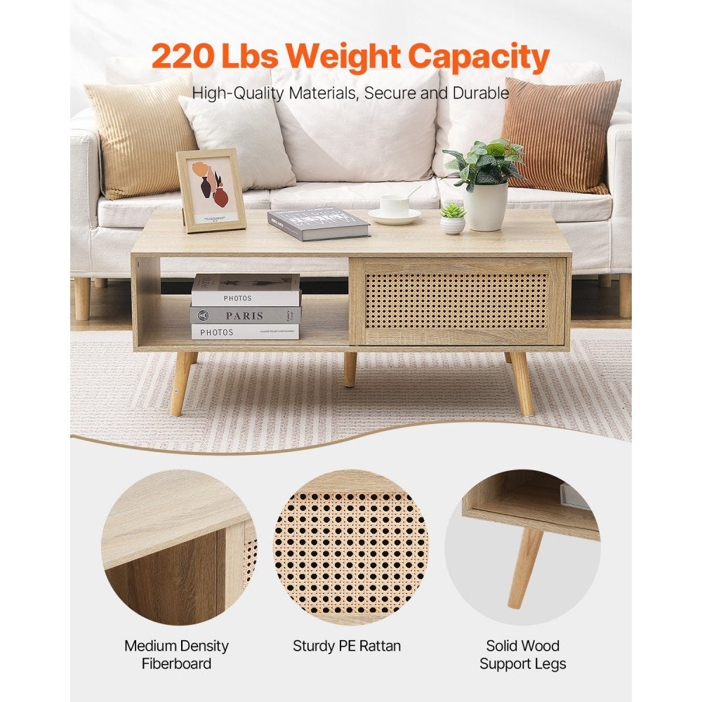 VEVOR Rattan Coffee Table, Mid Century Modern Coffee Table, Rectangle Wood Coffee Table, 42 Inch Modern Boho Style Two Layers Storage Coffee Table, for Living Room, Bedroom & Small Spaces