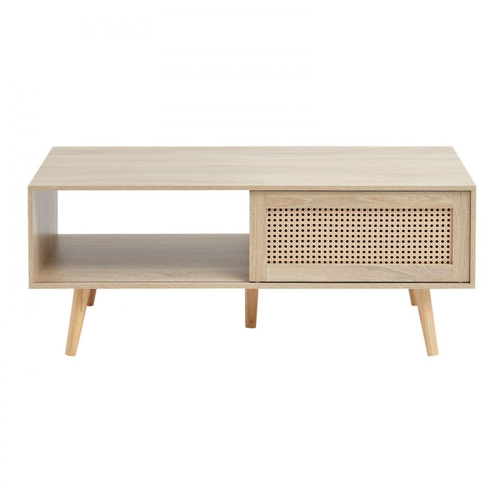 VEVOR Rattan Coffee Table, Mid Century Modern Coffee Table, Rectangle Wood Coffee Table, 42 Inch Modern Boho Style Two Layers Storage Coffee Table, for Living Room, Bedroom & Small Spaces