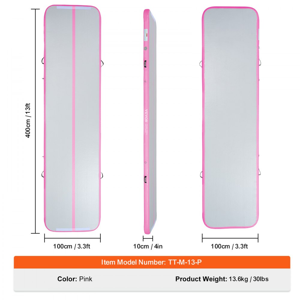 VEVOR Gymnastics Air Mat, 4 inch Thickness Inflatable Gymnastics Tumbling Mat, Tumble Track with Electric Pump, Training Mats for Home Use/Gym/Yoga/Cheerleading/Beach/Park/Water, 13 ft, Pink