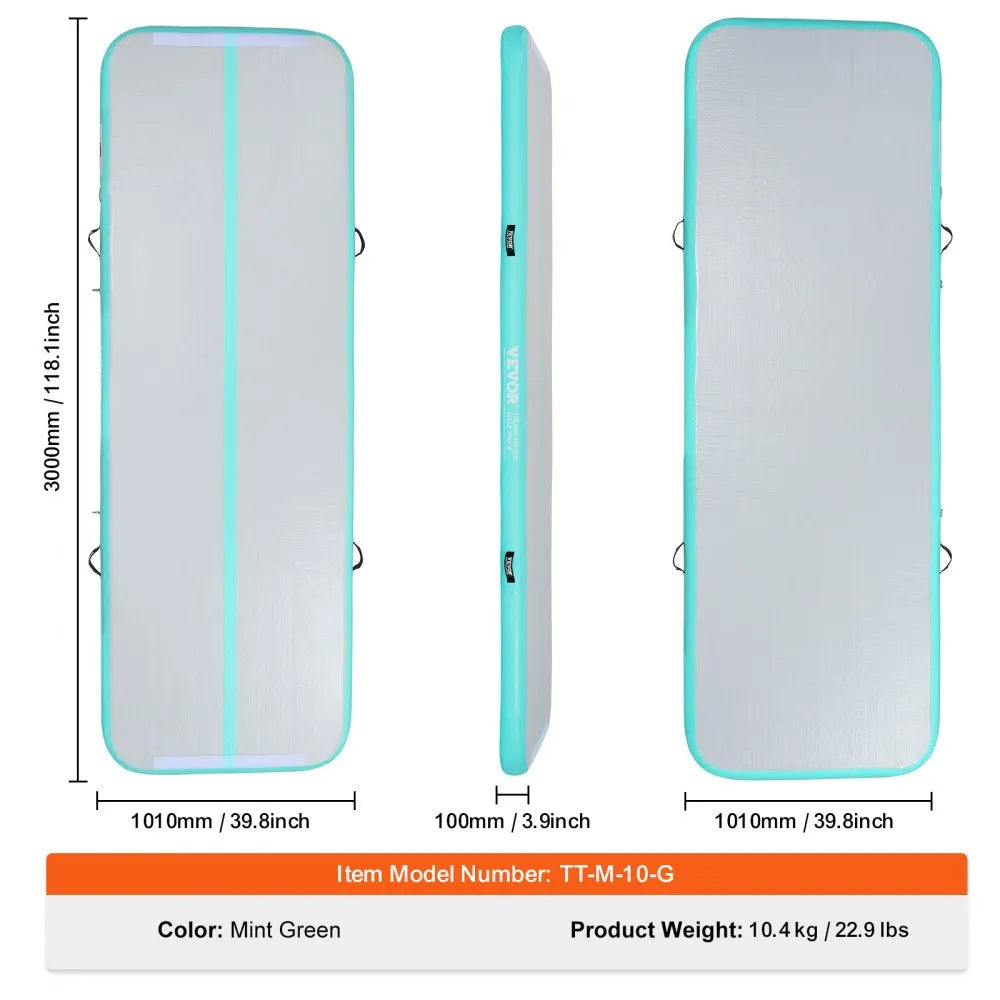 VEVOR Gymnastics Air Mat, 4 inch Thickness Inflatable Gymnastics Tumbling Mat, Tumble Track with Electric Pump, Training Mats for Home Use/Gym/Yoga/Cheerleading/Beach/Park/Water, 10 ft, Mint Green