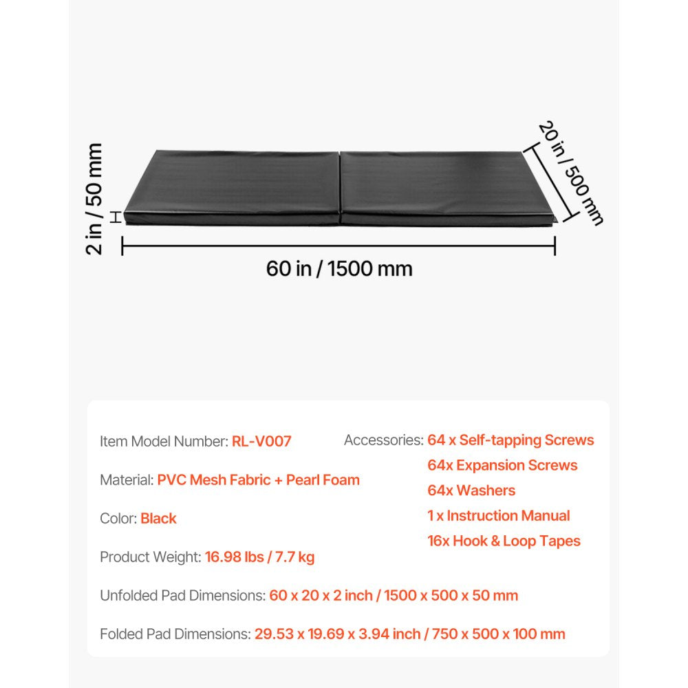 VEVOR Gym Wall Padding, 60 x 20 x 2 inch Tear-Resistant Wall Mat, Removable 2" Thick Foam High Density Basketball Court Wall-Mounted Padding, Durable Waterproof Protective Pad for Gym Garage Basement
