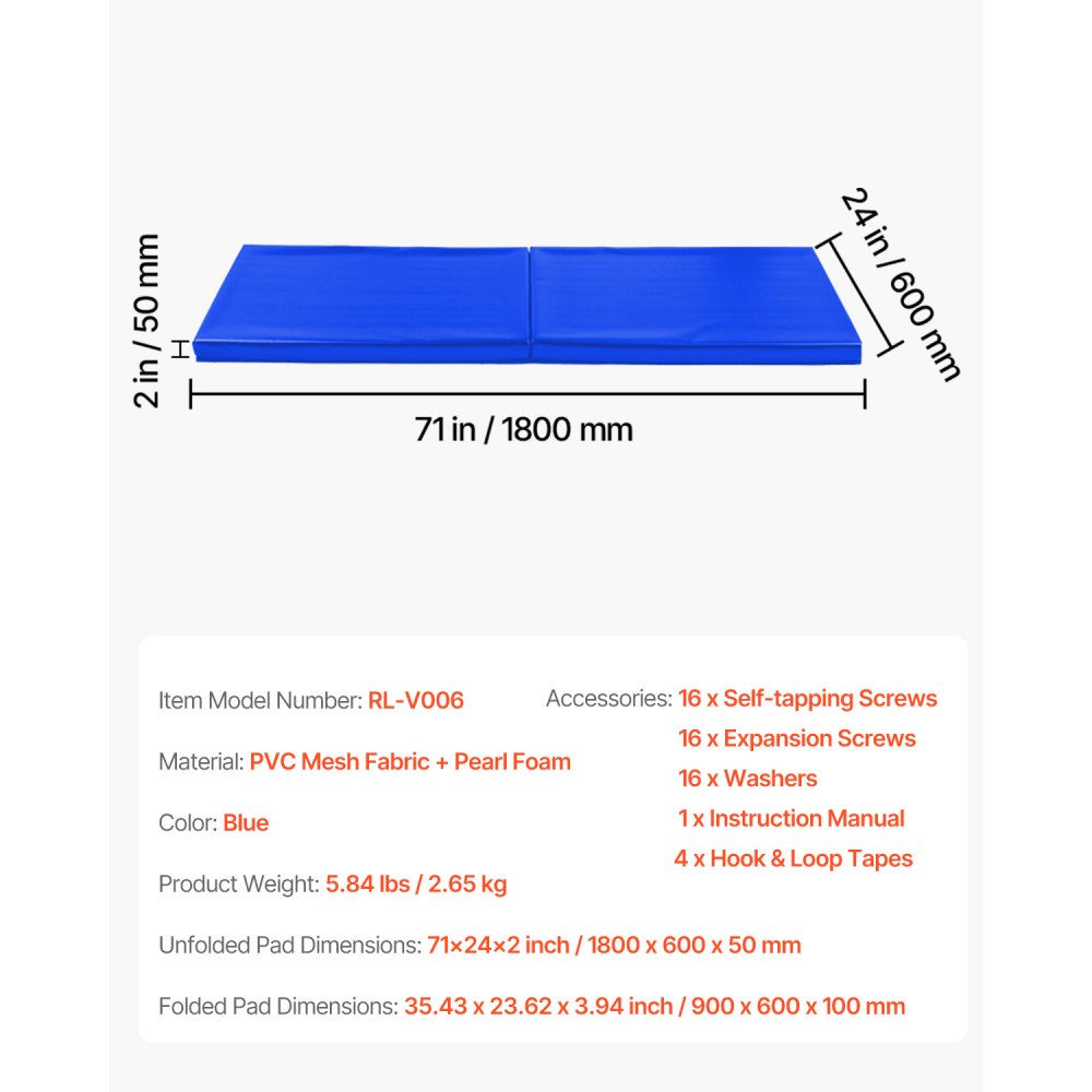 VEVOR Gym Wall Padding, 71 x 24 x 2 inch Tear-Resistant Wall Mat, Removable 2" Thick Foam High Density Basketball Court Wall-Mounted Padding, Durable Waterproof Protective Pad for Gym Garage Basement