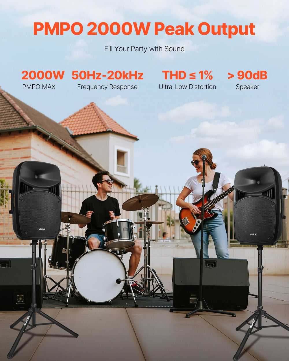 VEVOR portable PA system in use with PMPO 2000W peak output callouts