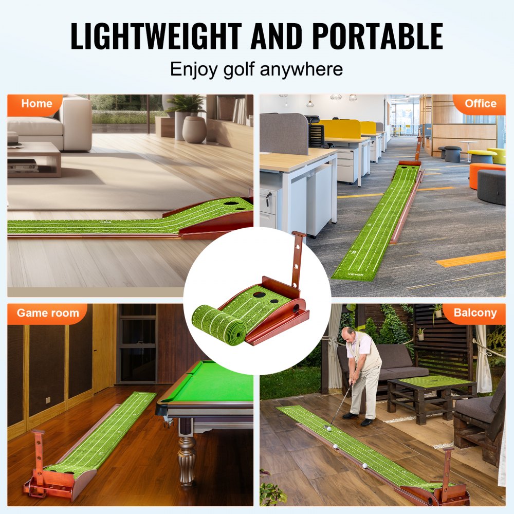 VEVOR Golf Putting Mat, 2 Hole Indoor Golf Putting Green, Wrinkle-Free Golf Training Aid, Mini Golf Set with Auto-Ball Return, Alignment Guide, 3 Ball, Wood Base, Game Practice Gift for Home Office