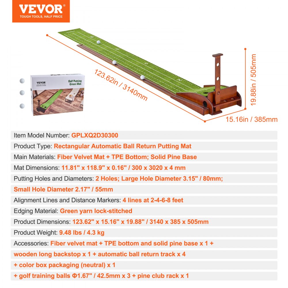 VEVOR Golf Putting Mat, 2 Hole Indoor Golf Putting Green, Wrinkle-Free Golf Training Aid, Mini Golf Set with Auto-Ball Return, Alignment Guide, 3 Ball, Wood Base, Game Practice Gift for Home Office