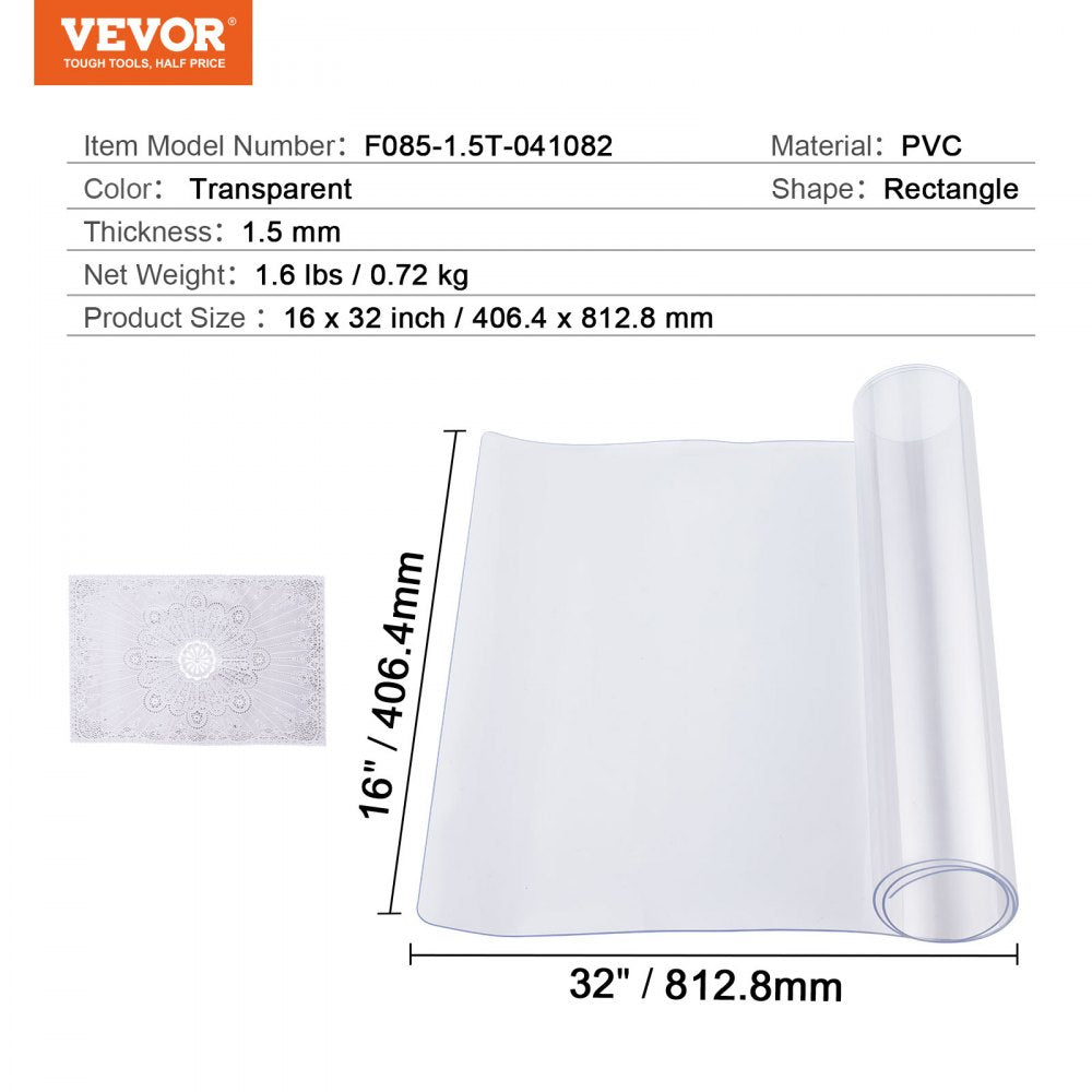 VEVOR Plastic Table Cover, 16 x 32 Inch 1.5 mm Thick Clear Table Protector, Rectangle PVC Desk Mat, Waterproof & Easy Cleaning Desk Pad Tablecloth, for Office Dresser Dining Room Table Night Stand