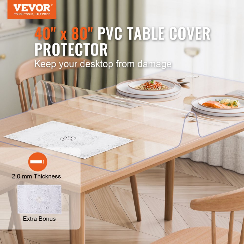 VEVOR Plastic Table Cover, 40 x 80 Inch 2.0 mm Thick Clear Table Protector, Rectangle PVC Desk Mat, Waterproof & Easy Cleaning Desk Pad Tablecloth, for Office Dresser Dining Room Table Night Stand