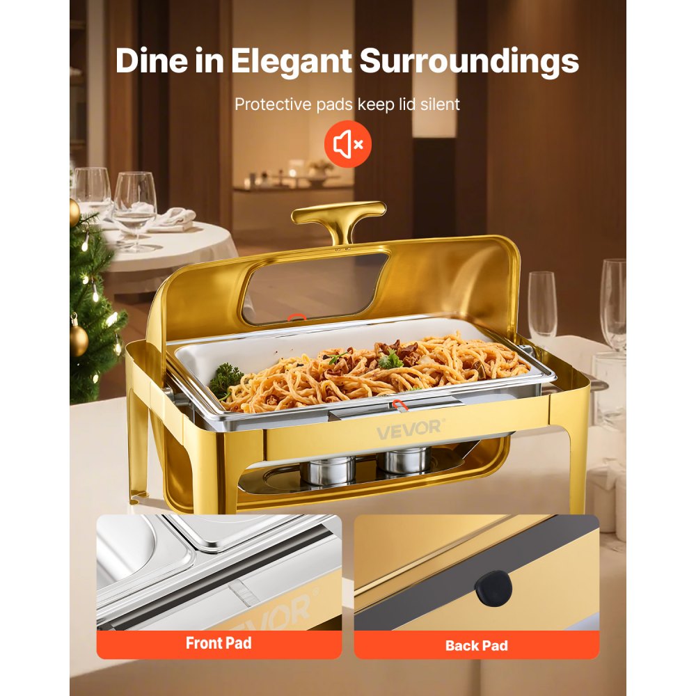 VEVOR Roll Top Chafing Dish Buffet Complete Set, 9Qt Stainless Steel Chafer with Full Size Pan, Rectangle Catering Warmer Server with Visible Lid Water Pan Folding Stand Fuel Holder Meal Clip, Gold