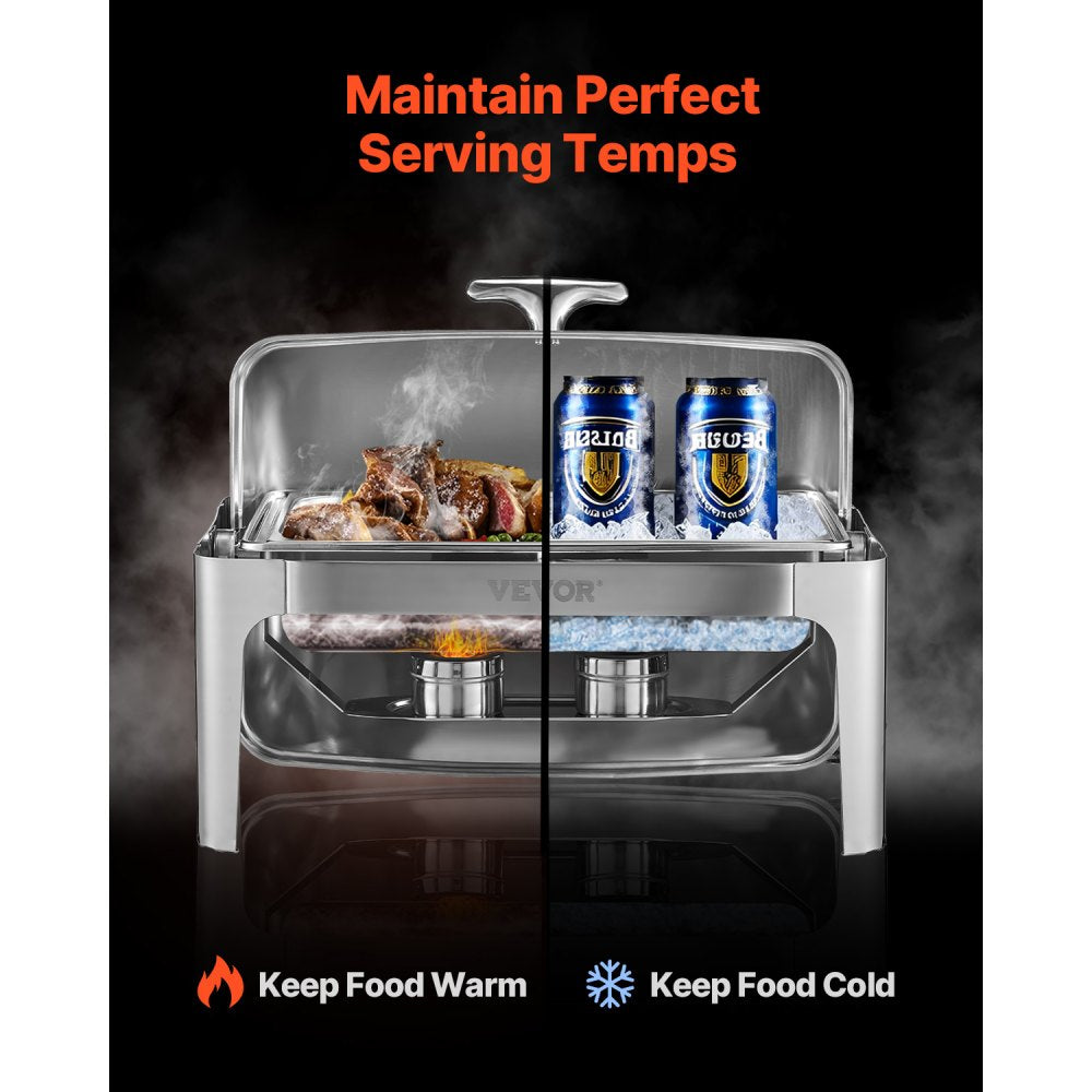 VEVOR Roll Top Chafing Dish Buffet Complete Set, 9Qt Stainless Steel Chafer with Full Size Pan, Rectangle Catering Warmer Server with Lid Water Pan Folding Stand Fuel Holder Meal Clip, Silver