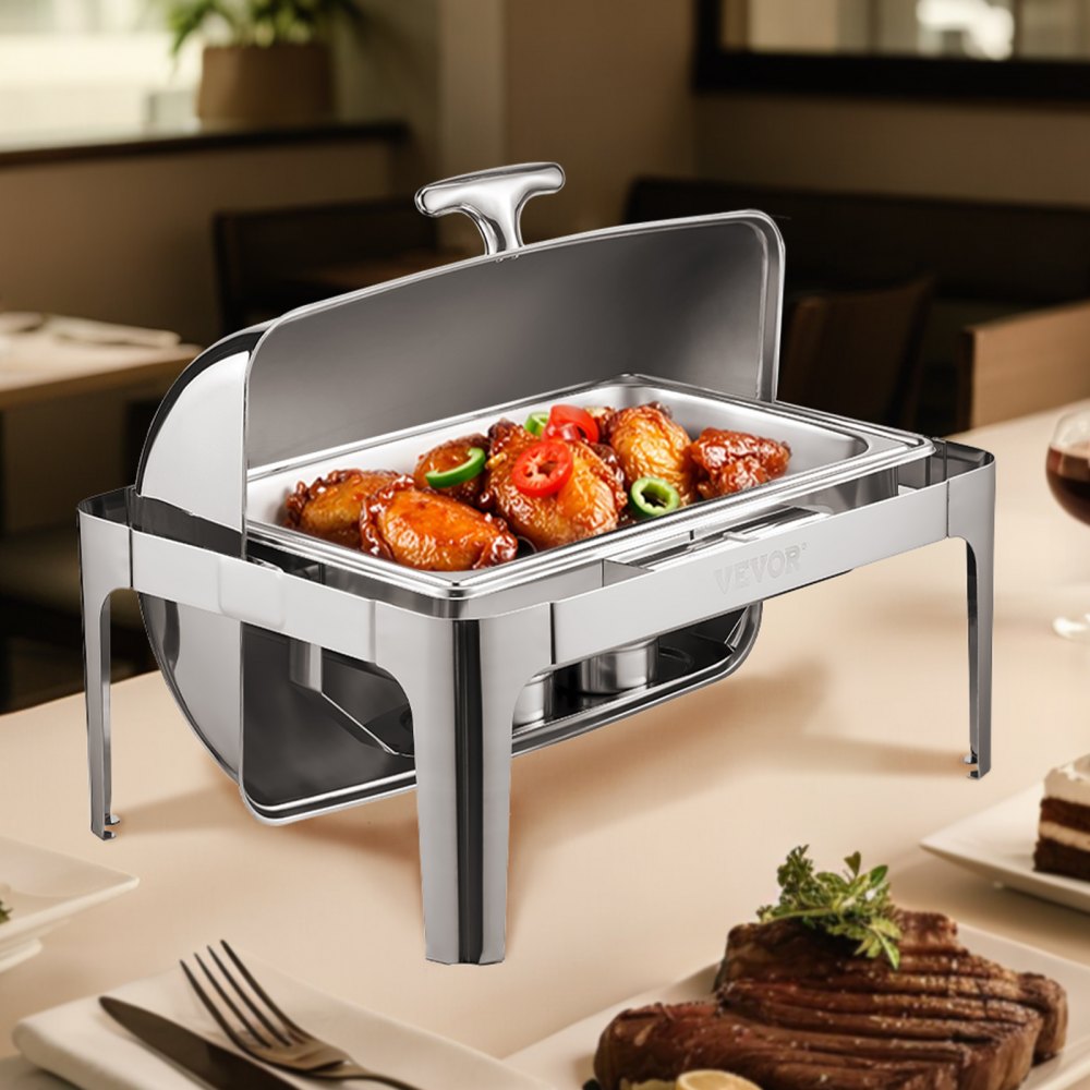 VEVOR Roll Top Chafing Dish Buffet Complete Set, 9Qt Stainless Steel Chafer with Full Size Pan, Rectangle Catering Warmer Server with Lid Water Pan Folding Stand Fuel Holder Meal Clip, Silver