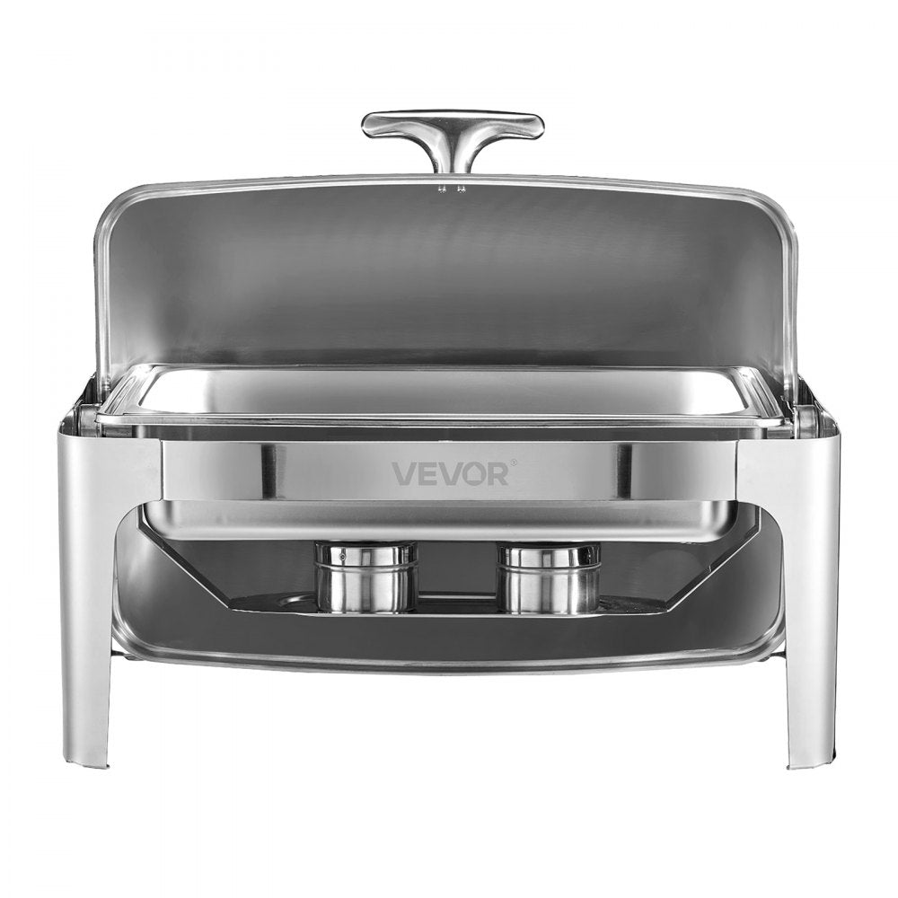 VEVOR Roll Top Chafing Dish Buffet Complete Set, 9Qt Stainless Steel Chafer with Full Size Pan, Rectangle Catering Warmer Server with Lid Water Pan Folding Stand Fuel Holder Meal Clip, Silver