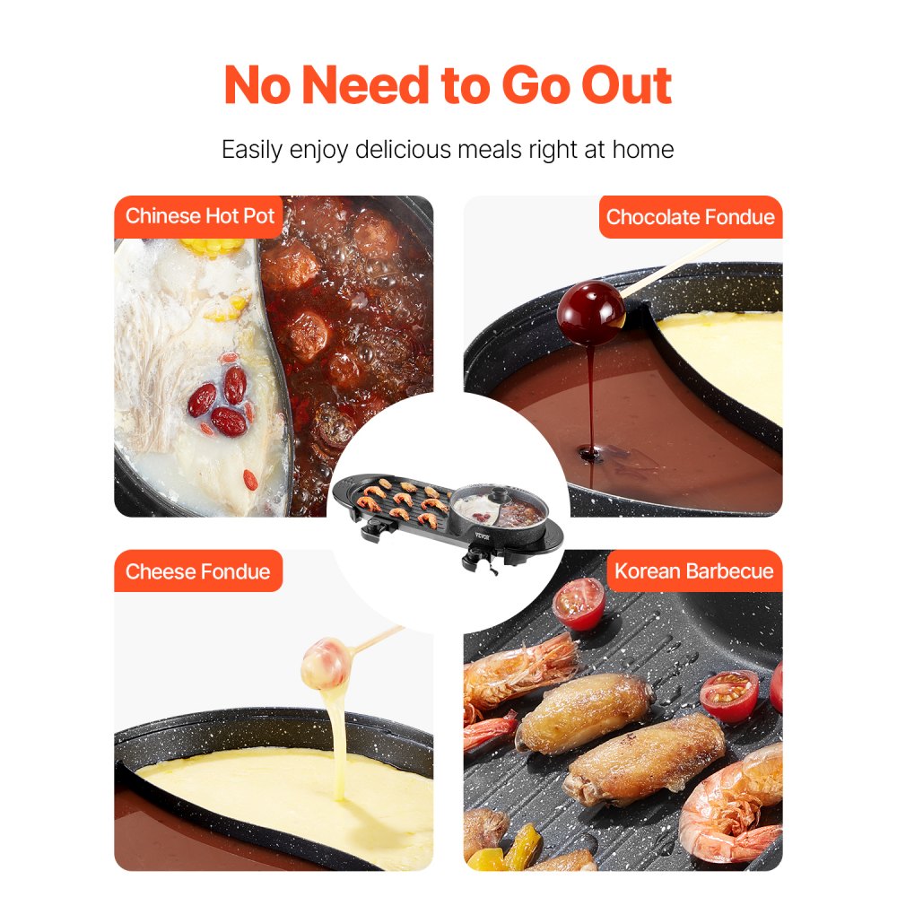 VEVOR Hot Pot with Grill, 2200W 2-in-1 Electric Smokeless Grill and Hot Pot, Korean BBQ Shabu Shabu Hotpot with Separate Dual Temperature Control, Non-stick Pan, for 1-6 People Family Dinning