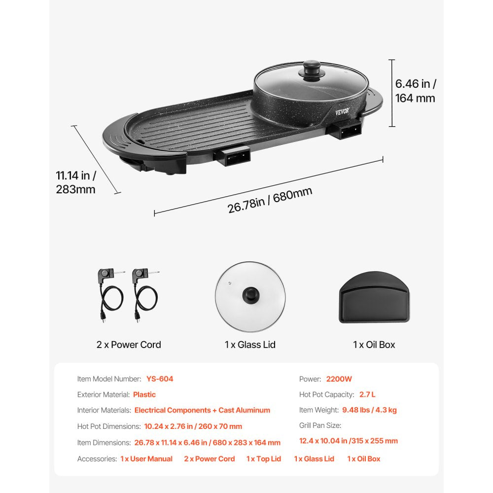 VEVOR Hot Pot with Grill, 2200W 2-in-1 Electric Smokeless Grill and Hot Pot, Korean BBQ Shabu Shabu Hotpot with Separate Dual Temperature Control, Non-stick Pan, for 1-6 People Family Dinning