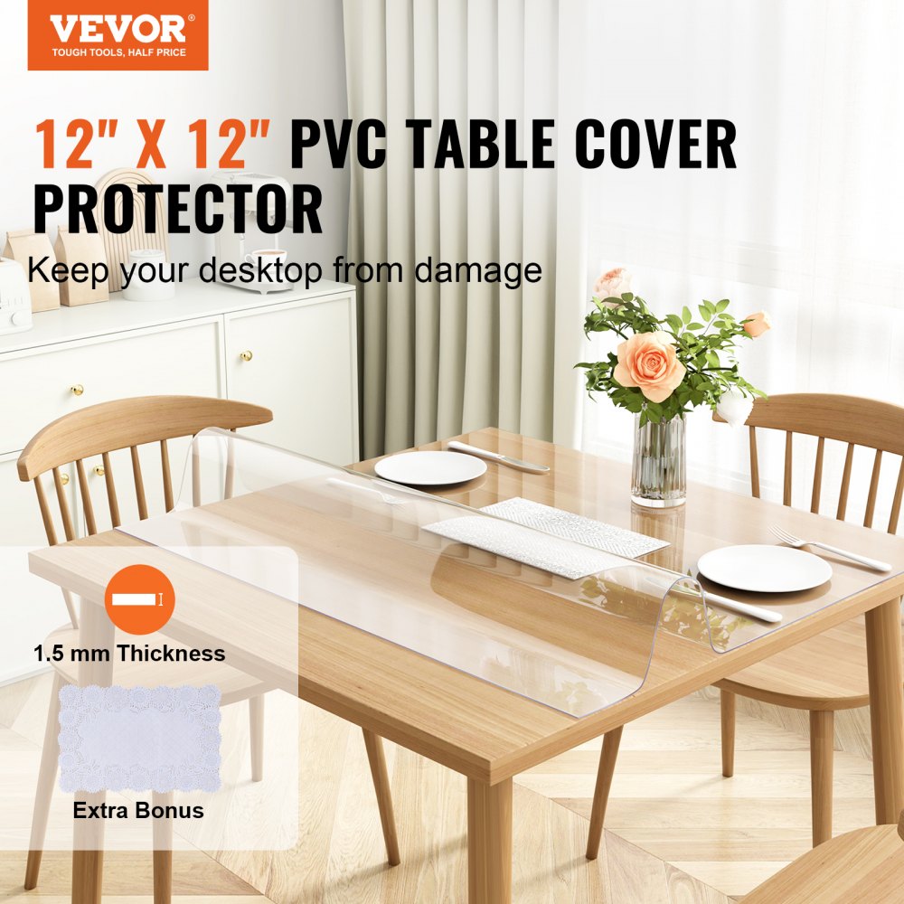 VEVOR Clear Table Cover Protector, 12" x 12"/305 x 305 mm Table Cover, 1.5 mm Thick PVC Plastic Tablecloth, Waterproof Desktop Protector for Writing Desk, Coffee Table, Dining Room Table