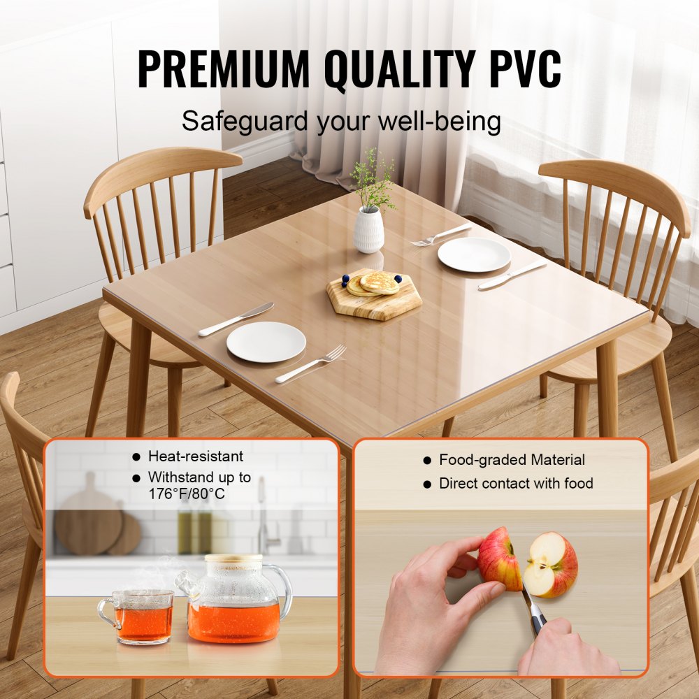 VEVOR Clear Table Cover Protector, 12" x 12"/305 x 305 mm Table Cover, 1.5 mm Thick PVC Plastic Tablecloth, Waterproof Desktop Protector for Writing Desk, Coffee Table, Dining Room Table
