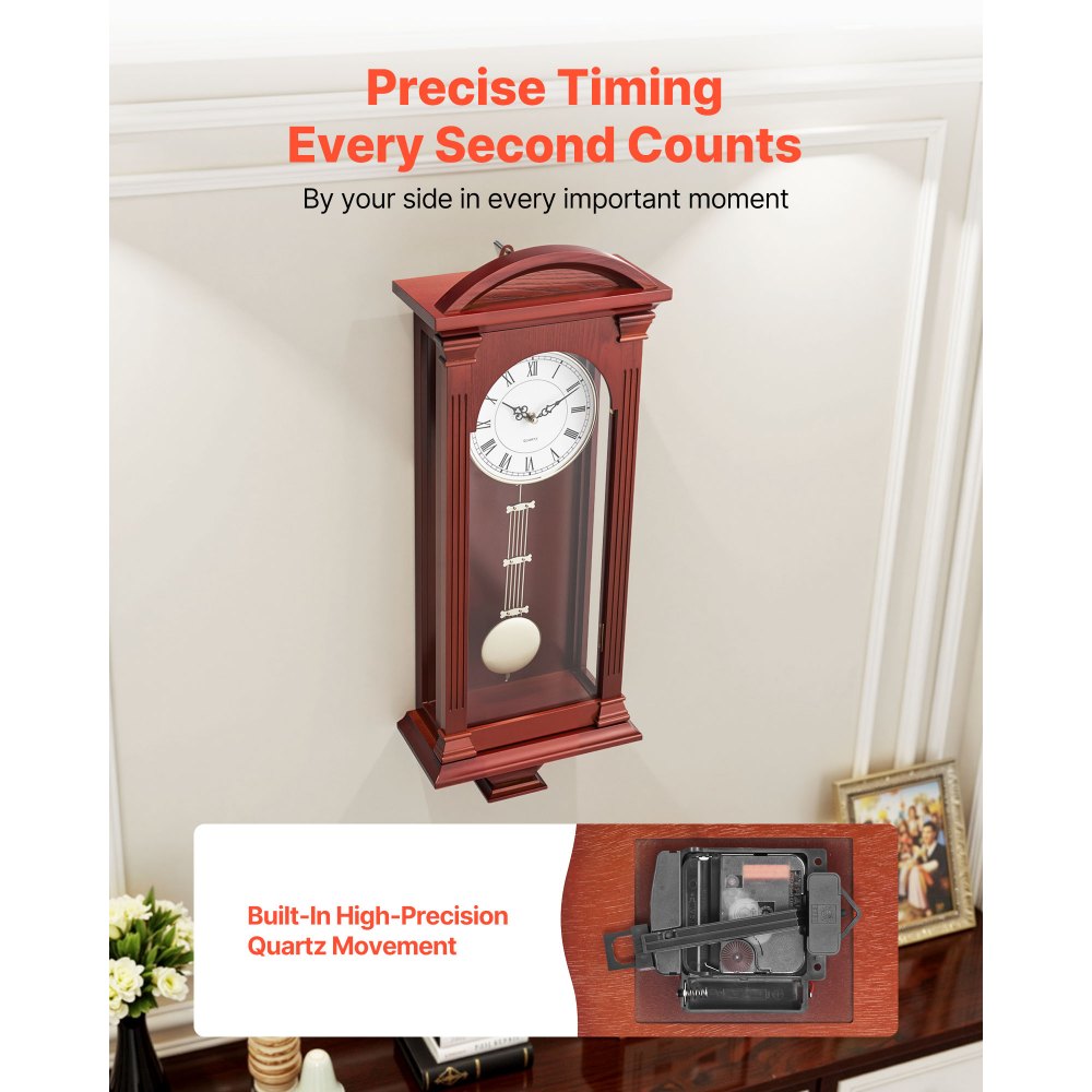 VEVOR Grandfather Clock, 26.7 in Classic Vintage Pendulum Clock, Pine Wood & MDF Wall Clocks with Quartz Movement and Quiet Design, for Living Room, Bedroom, Home Decor & Gift (Cherry Tone Finish)