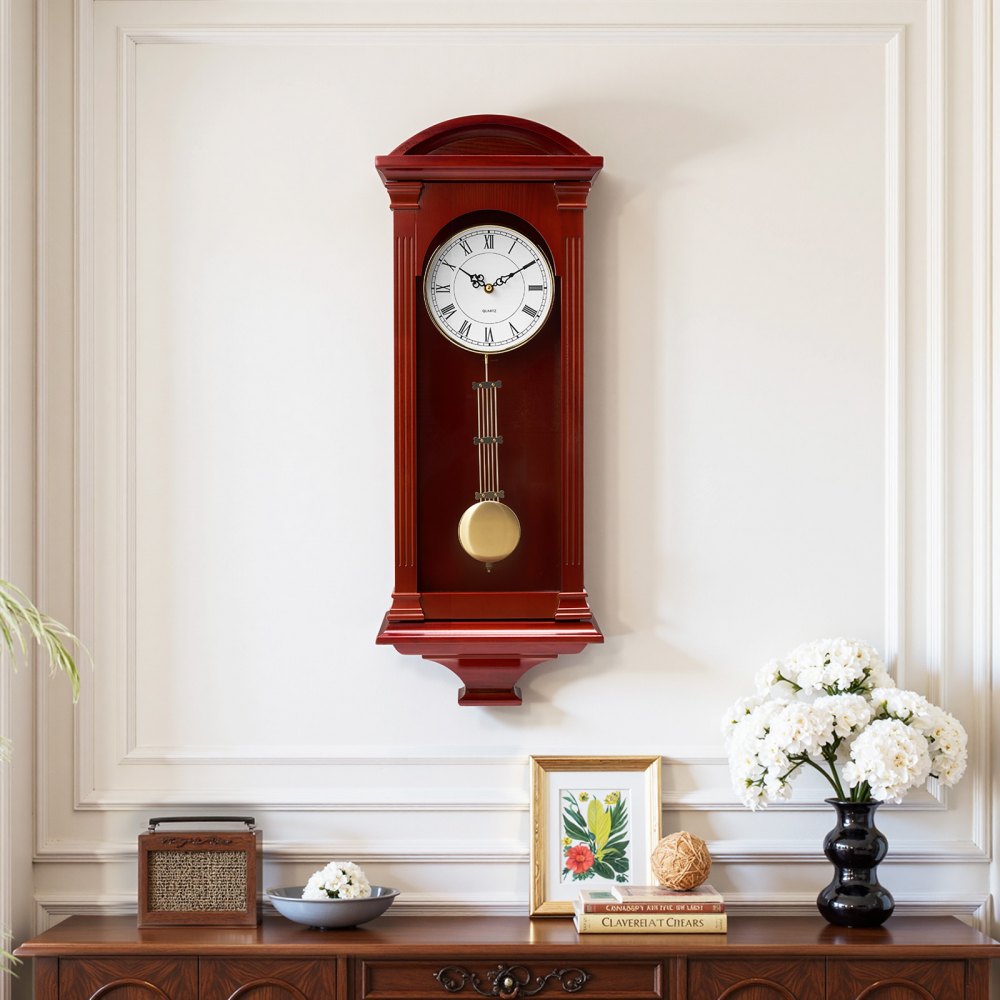 VEVOR Grandfather Clock, 26.7 in Classic Vintage Pendulum Clock, Pine Wood & MDF Wall Clocks with Quartz Movement and Quiet Design, for Living Room, Bedroom, Home Decor & Gift (Cherry Tone Finish)