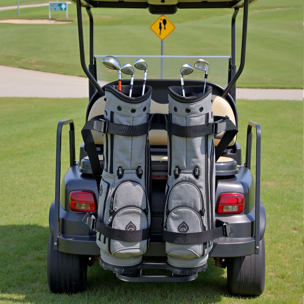 VEVOR Golf Cart Rear Seat Bag Holder, 27.1 x 15.6 x 29.7 inch, Compatible with Most Golf Carts with Rear Seat Grab Bar, Space-Saving Carbon Steel Bag Holder Bracket, No-Drilling Installation, Black