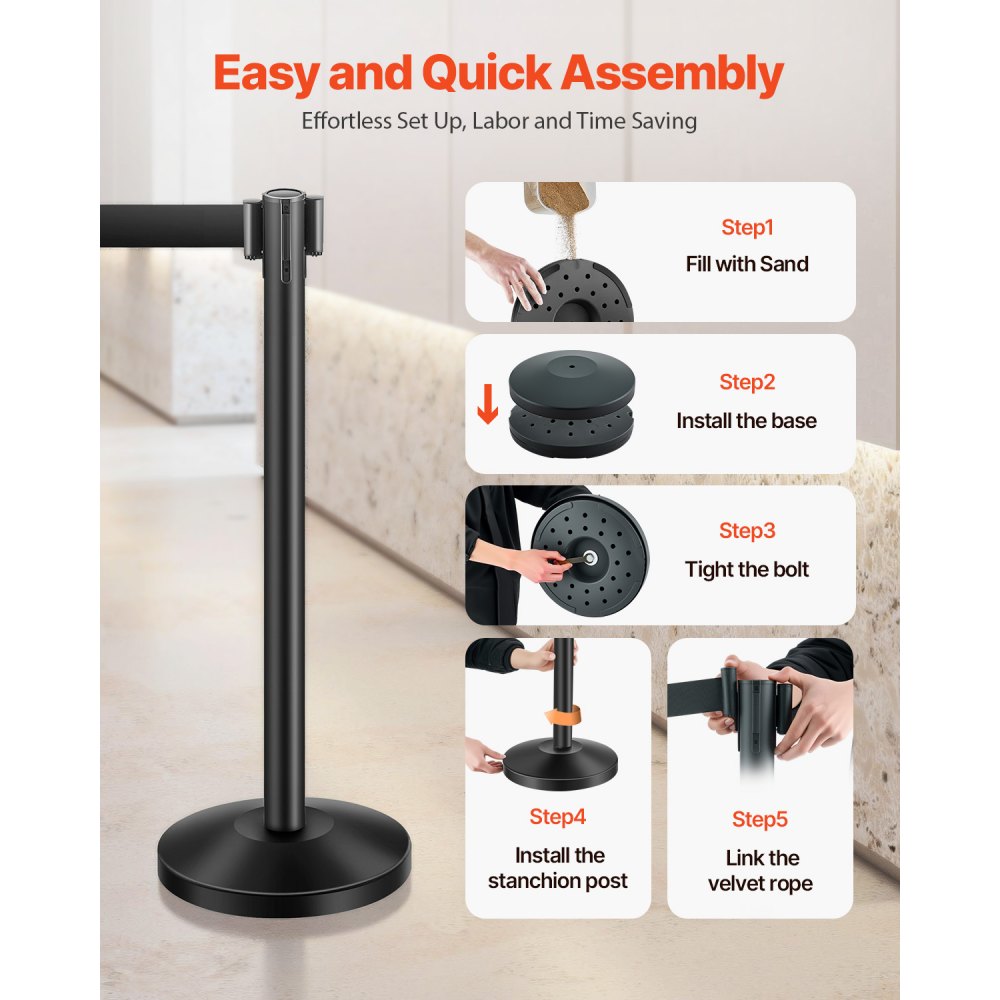 VEVOR Stanchion Post, 6 Pcs Stanchions with Retractable Belts, Carbon Steel Black Stanchions Queue with Sand Injection Hollow Base, Crowd Control Barriers for Theaters, Parties, Weddings, Exhibitions