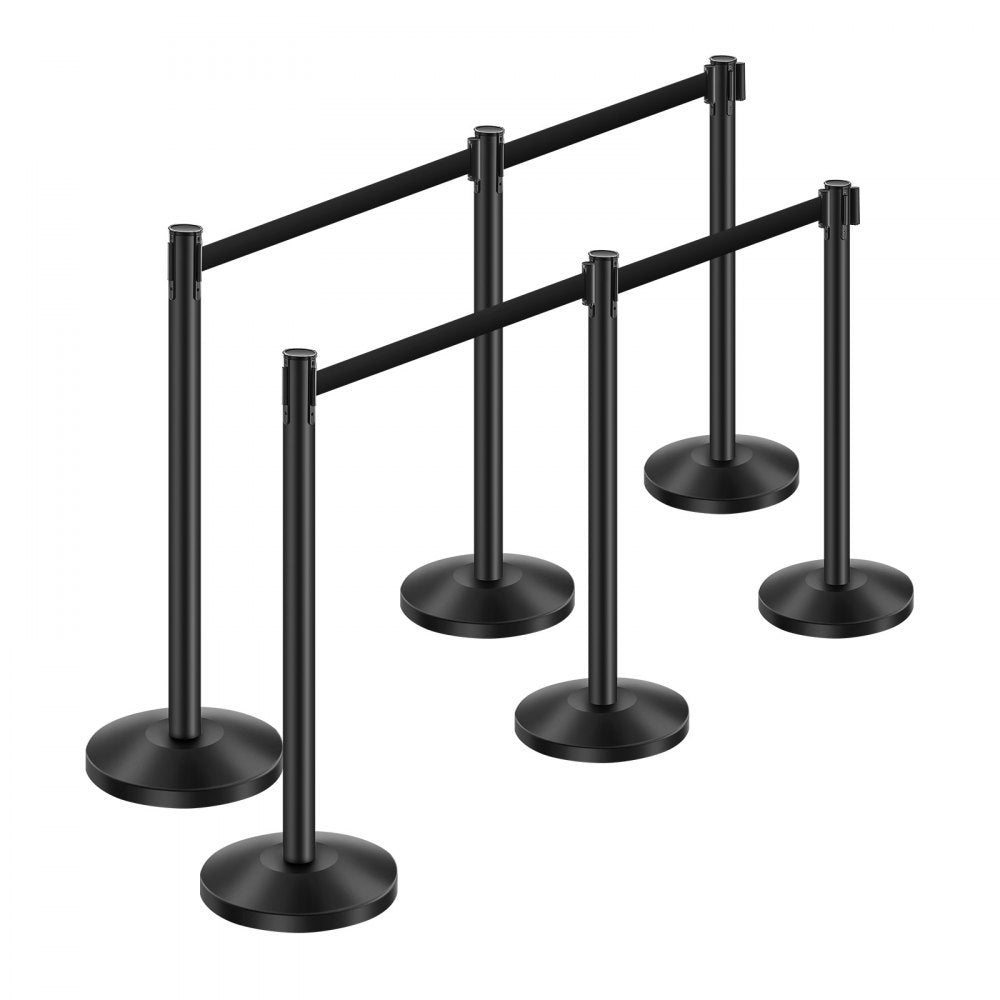 VEVOR Stanchion Post, 6 Pcs Stanchions with Retractable Belts, Carbon Steel Black Stanchions Queue with Sand Injection Hollow Base, Crowd Control Barriers for Theaters, Parties, Weddings, Exhibitions