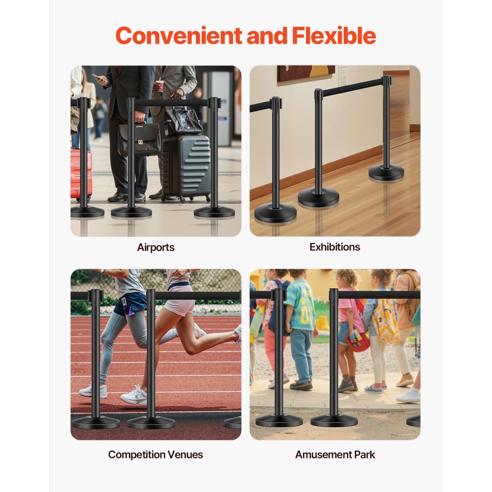 VEVOR Stanchion Post, 4 Pcs Stanchions with Retractable Belts, Carbon Steel Black Stanchions Queue with Sand Injection Hollow Base, Crowd Control Barriers for Theaters, Parties, Weddings, Exhibitions