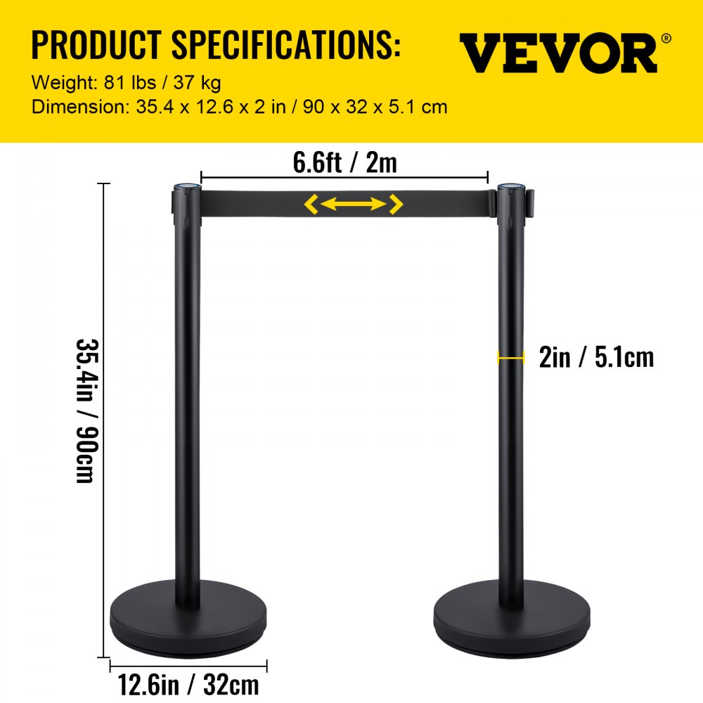 VEVOR Crowd Control Stanchions, 6-Pack Crowd Control Barriers with 3PCS 6.5FT Retractable Belt, Stanchion Posts Queue Pole for Crowd Control Barriers, Easy Assembly
