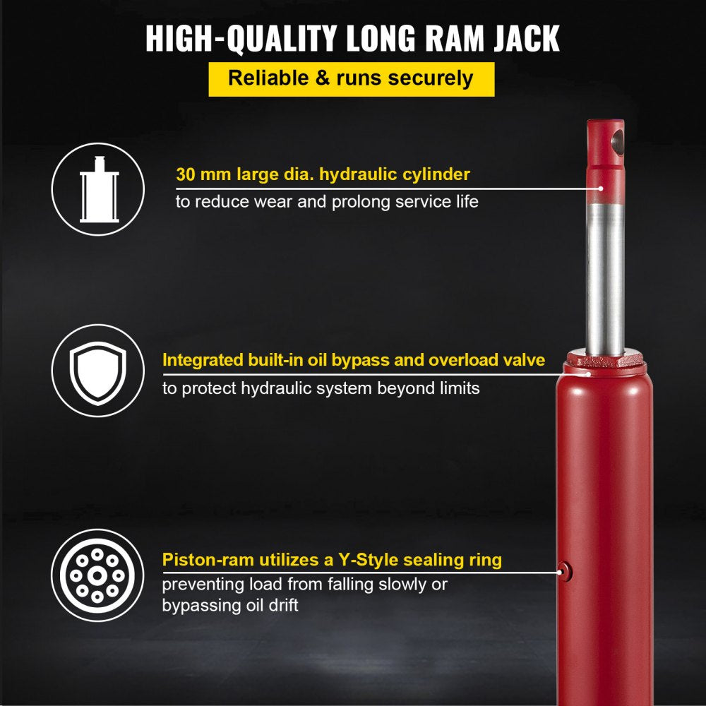 VEVOR Hydraulic/Pneumatic Long Ram Jack, 8 Tons/17363 lbs Capacity, with Single Piston Pump and Clevis Base, Manual Cherry Picker with Handle, for Garage/Shop Cranes, Engine Lift Hoist, Red